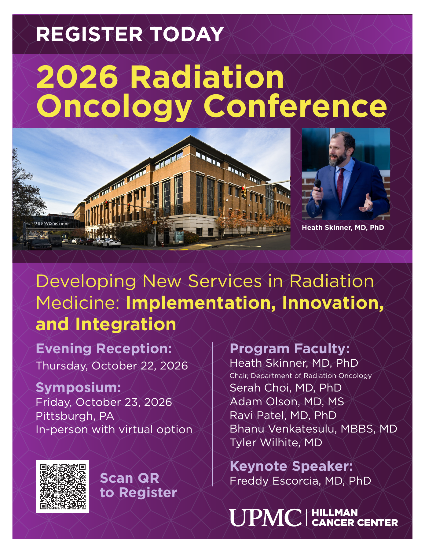 Conference invitation: October 22 evening reception and October 23 symposium in Pittsburgh. Keynote speaker Freddy Escorcia, MD, PhD. Registration QR is displayed on the invitation.